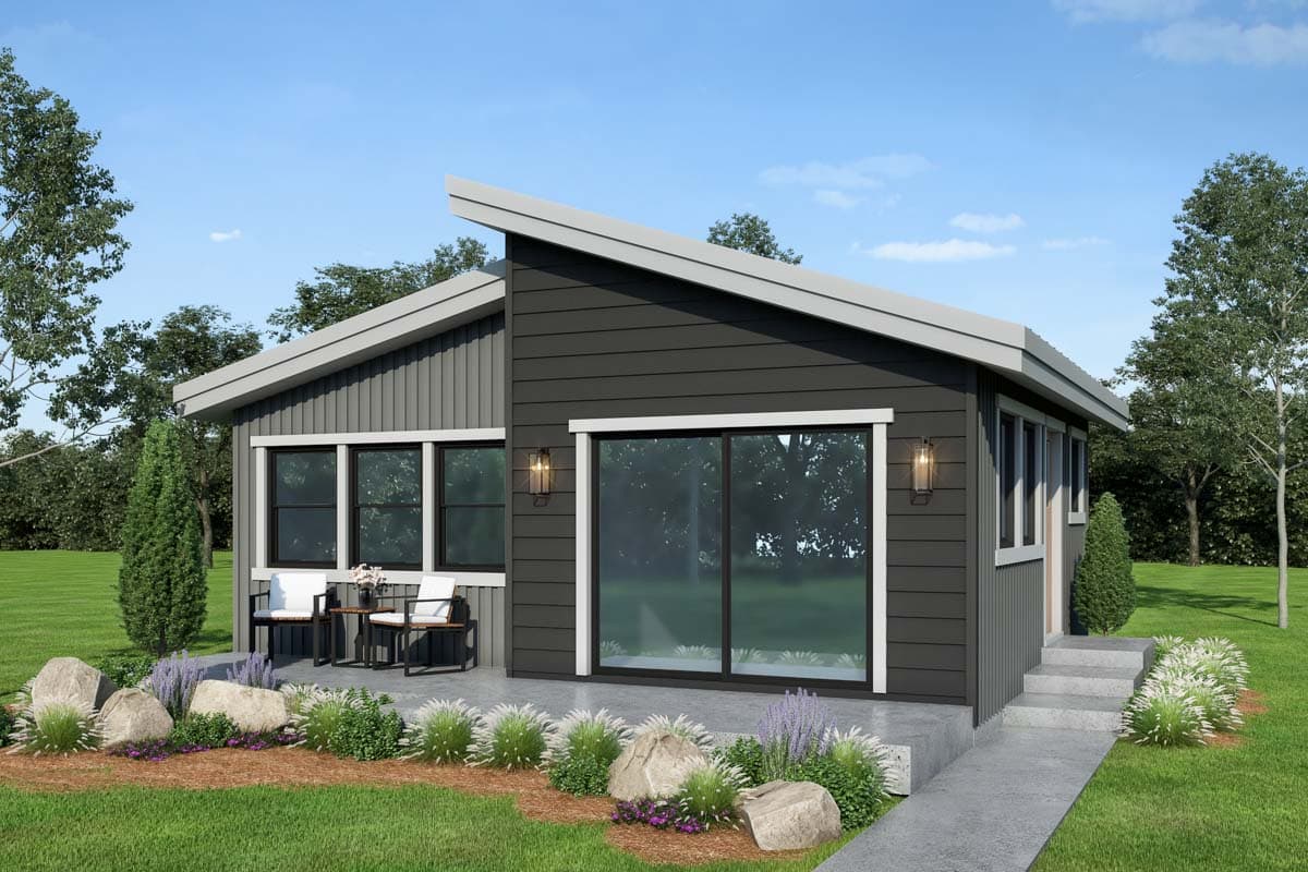House plan exterior. Modern style, single story. Features include asymmetrical roofline, large windows, and a covered porch area.
