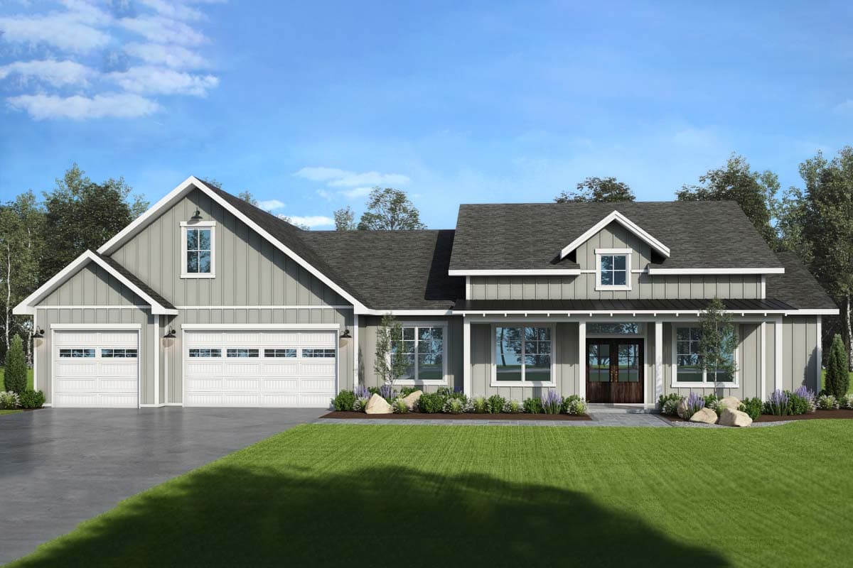 House plan exterior. Modern Farmhouse style with two stories, a front-facing garage, gables, and a covered porch with dark trim accents.