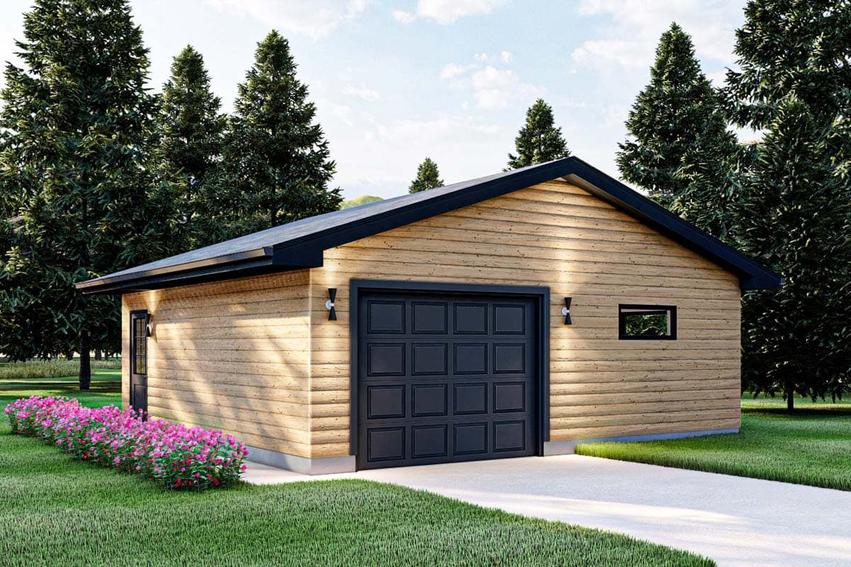 House plan exterior. One-story garage with a gabled roof, horizontal wood siding, and a dark-colored garage door with matching trim.