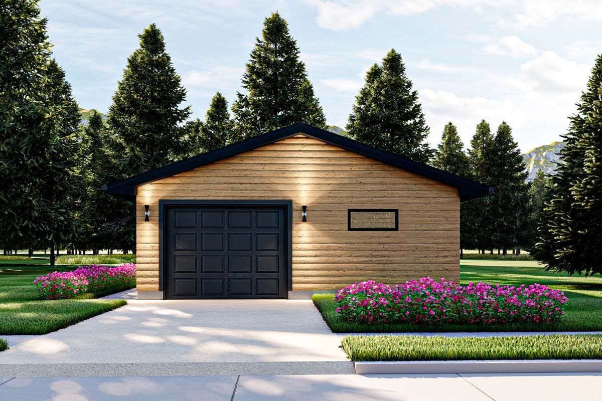 House plan exterior of a single-story garage with wood siding, a dark garage door, and a single rectangular window.