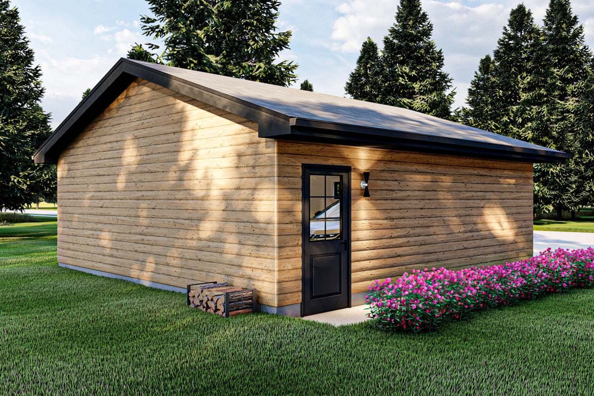 House plan exterior rendering of a one-story home with wood siding, a gable roof, and a single black door with a window.