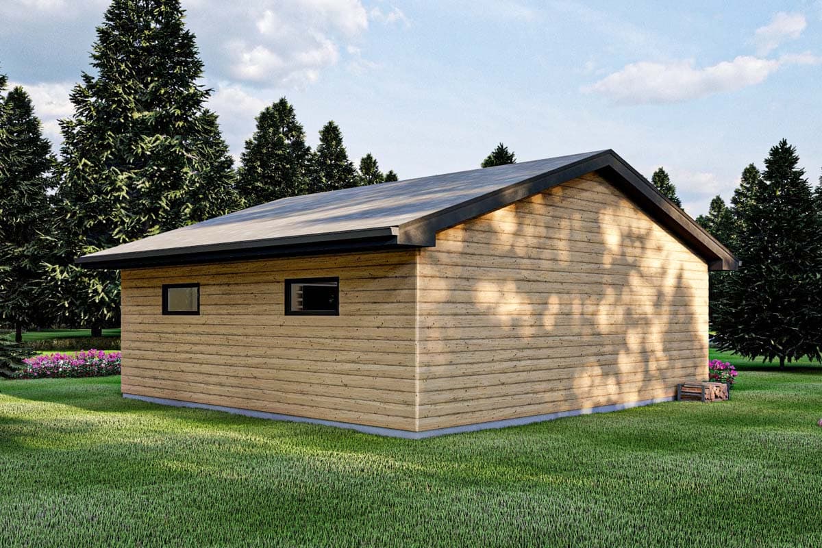 Modern garage with horizontal wood siding, a gable roof, and two rectangular windows on the side.