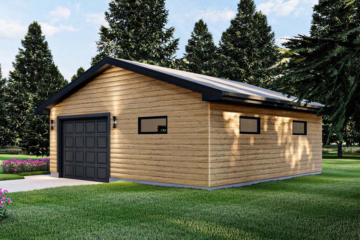 House plan exterior: one-story structure with wood siding, a black garage door, and three rectangular windows.