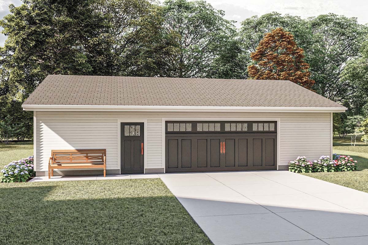 House plan exterior. One-story garage with gable roof, windowed entry door, and carriage-style garage door.