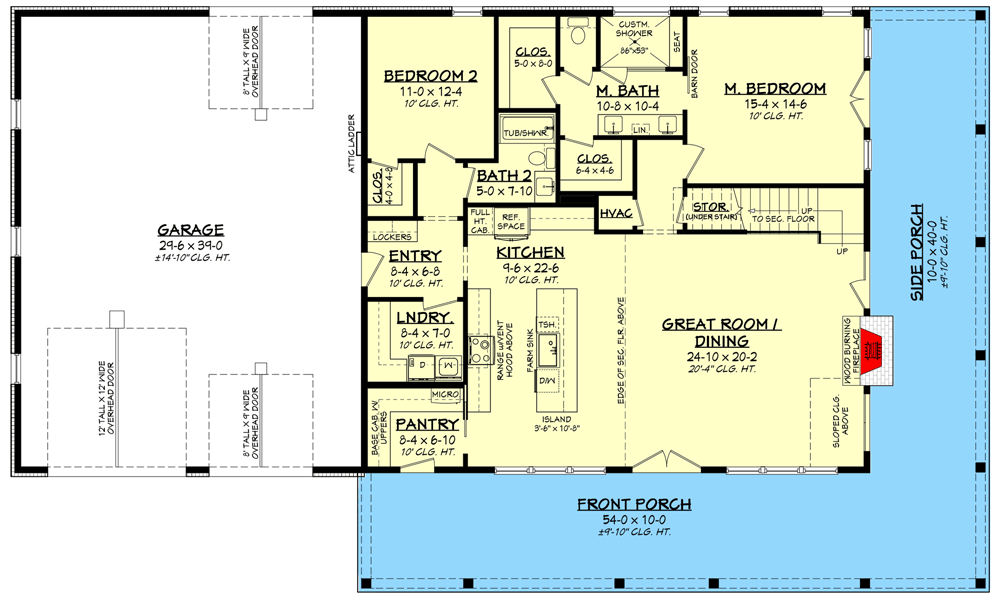 Plan 51949HZ: 2-Story Modern Farmhouse Barndominium House Plan with 4-Beds Under 2800 Square Feet - Floor Plan - Main Level - Barndominium, Country, Farmhouse, Modern Farmhouse, New American