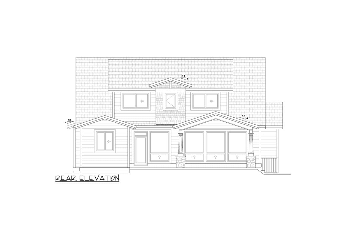 Rear elevation drawing of a two-story house plan with gabled dormers, a covered porch with stone bases, and multiple windows.