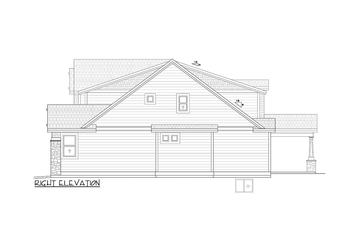 Right elevation house plan drawing with gabled roof, dormers, and stone accents on a two-story structure.