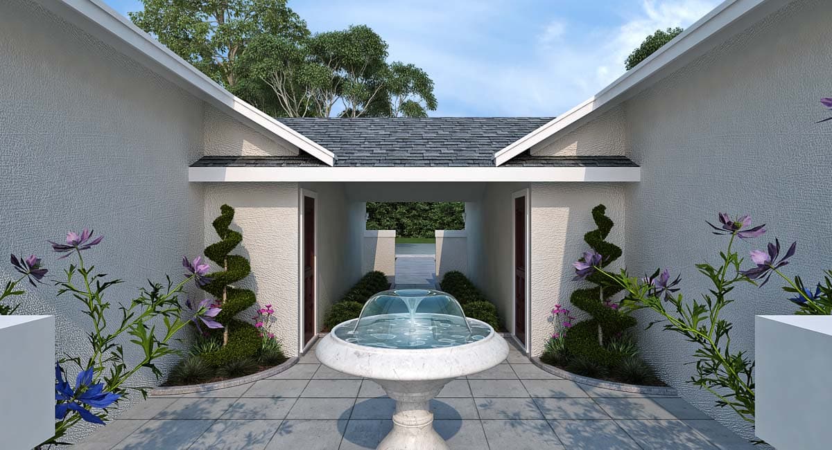 Exterior view of house plan with gabled roof, textured walls, central fountain, and spiral topiary.