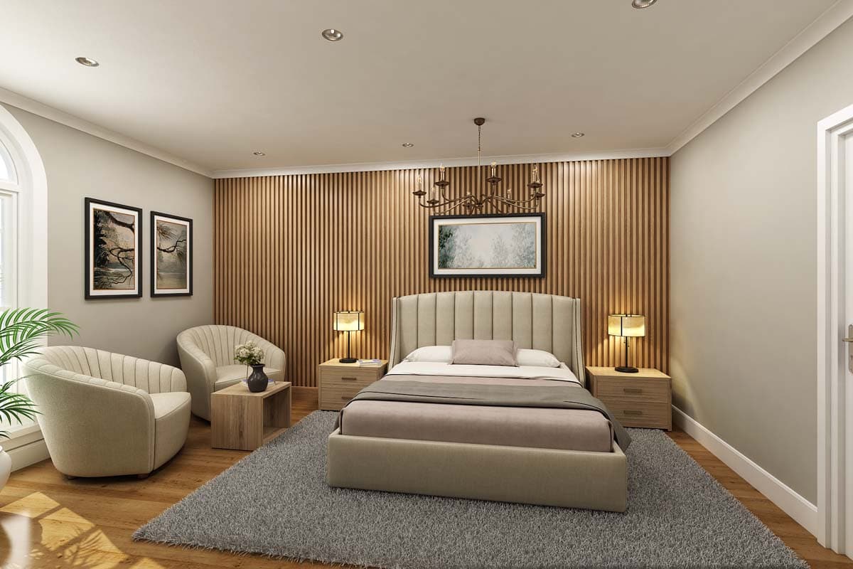 Bedroom rendering with upholstered headboard, wood-paneled accent wall, seating area with two chairs, and side tables.