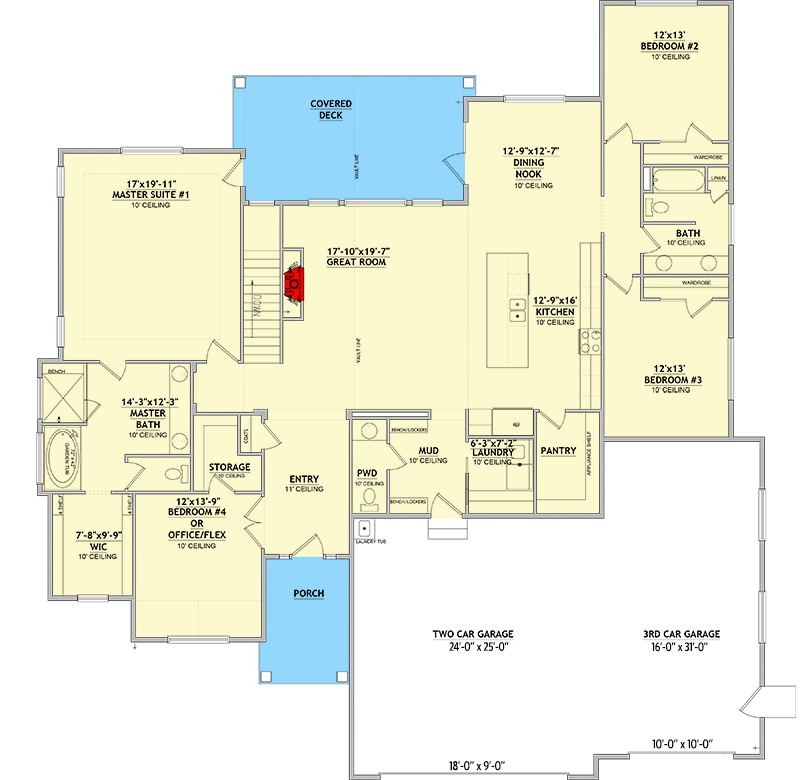 Plan 849023PGE: Mountain Craftsman with Flex Room and Lower Level Expansion - 2638 Sq Ft - Floor Plan - Main Level - Craftsman, Mountain, Ranch