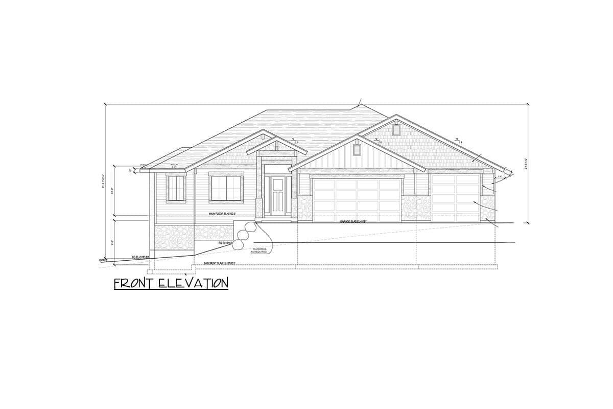 Front elevation house plan drawing with a prominent gable, covered entry, and a three-car garage.