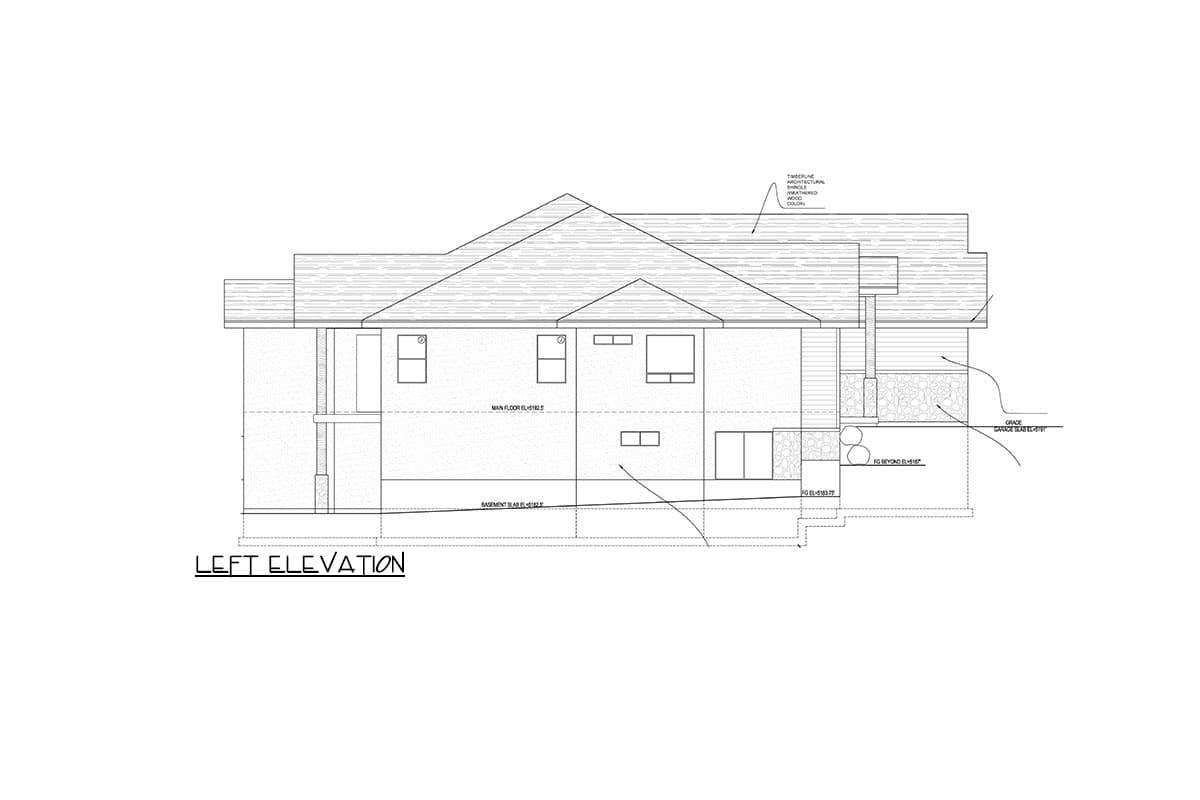 Left elevation house plan drawing showing two stories, multi-level rooflines, and stone accents.