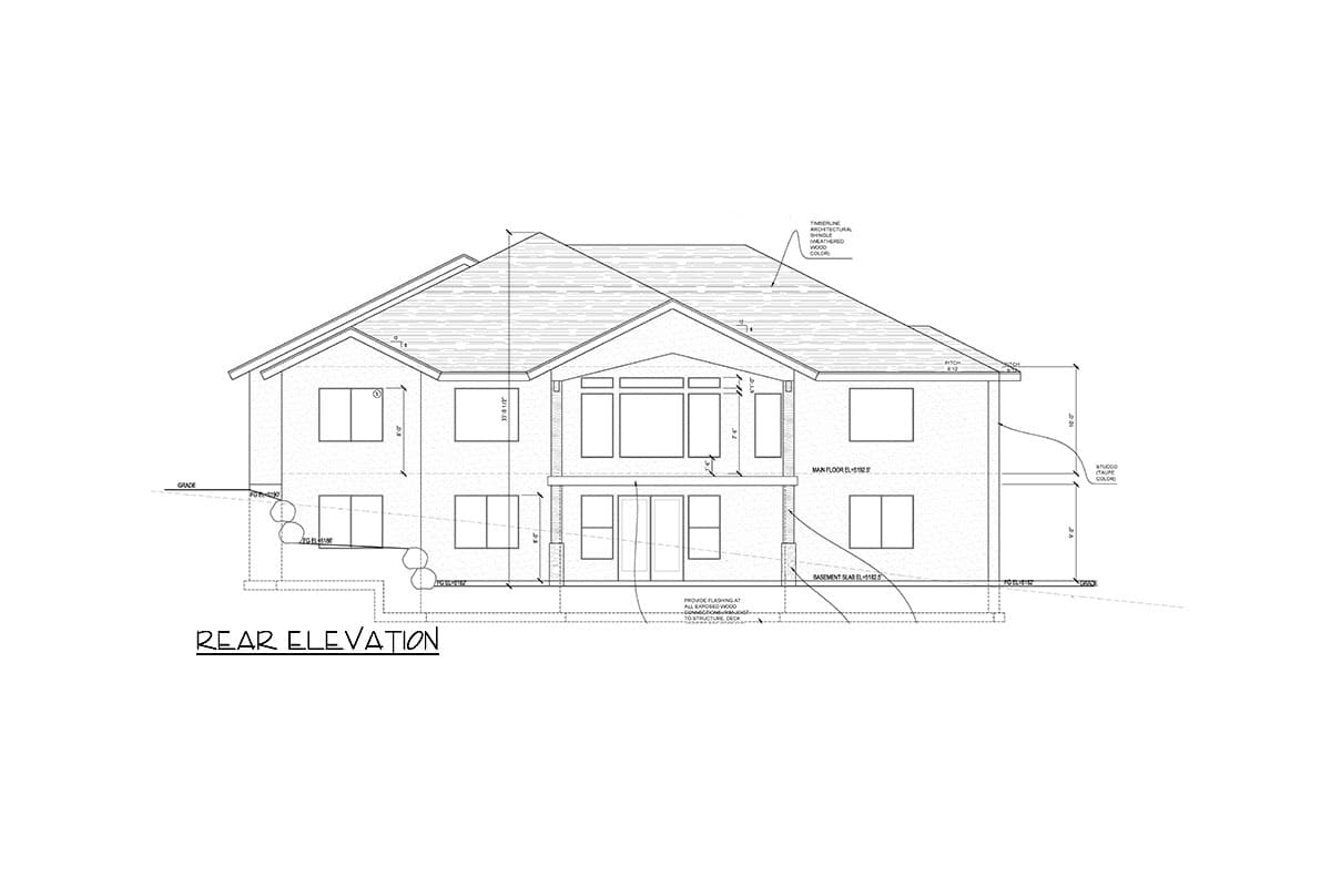 Rear elevation house plan drawing with multiple windows, a gable roof, and detailed elevation markers.