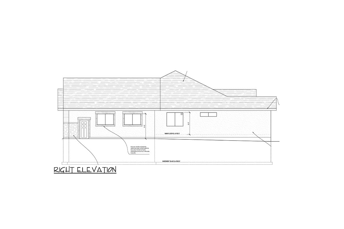 Architectural house plan right elevation showing a single-story structure with multiple windows, a front door, and a gabled roof.