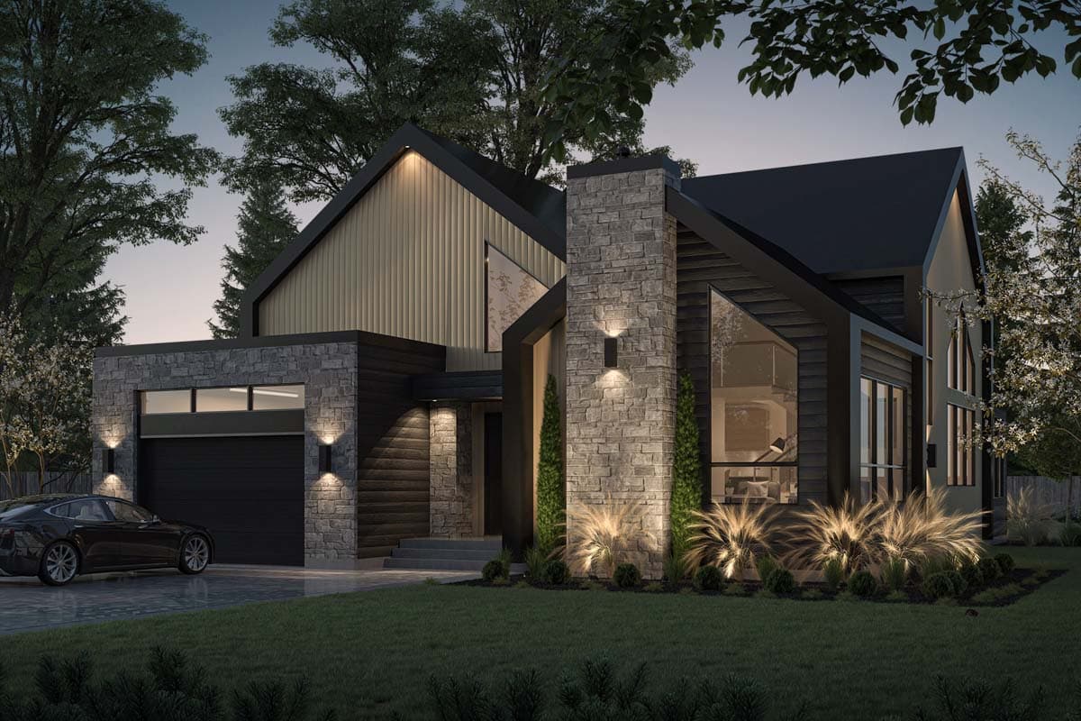 House plan exterior. Modern style, two-story home. Features include a stone-clad chimney, attached garage, and a gable roof with contrasting trim.