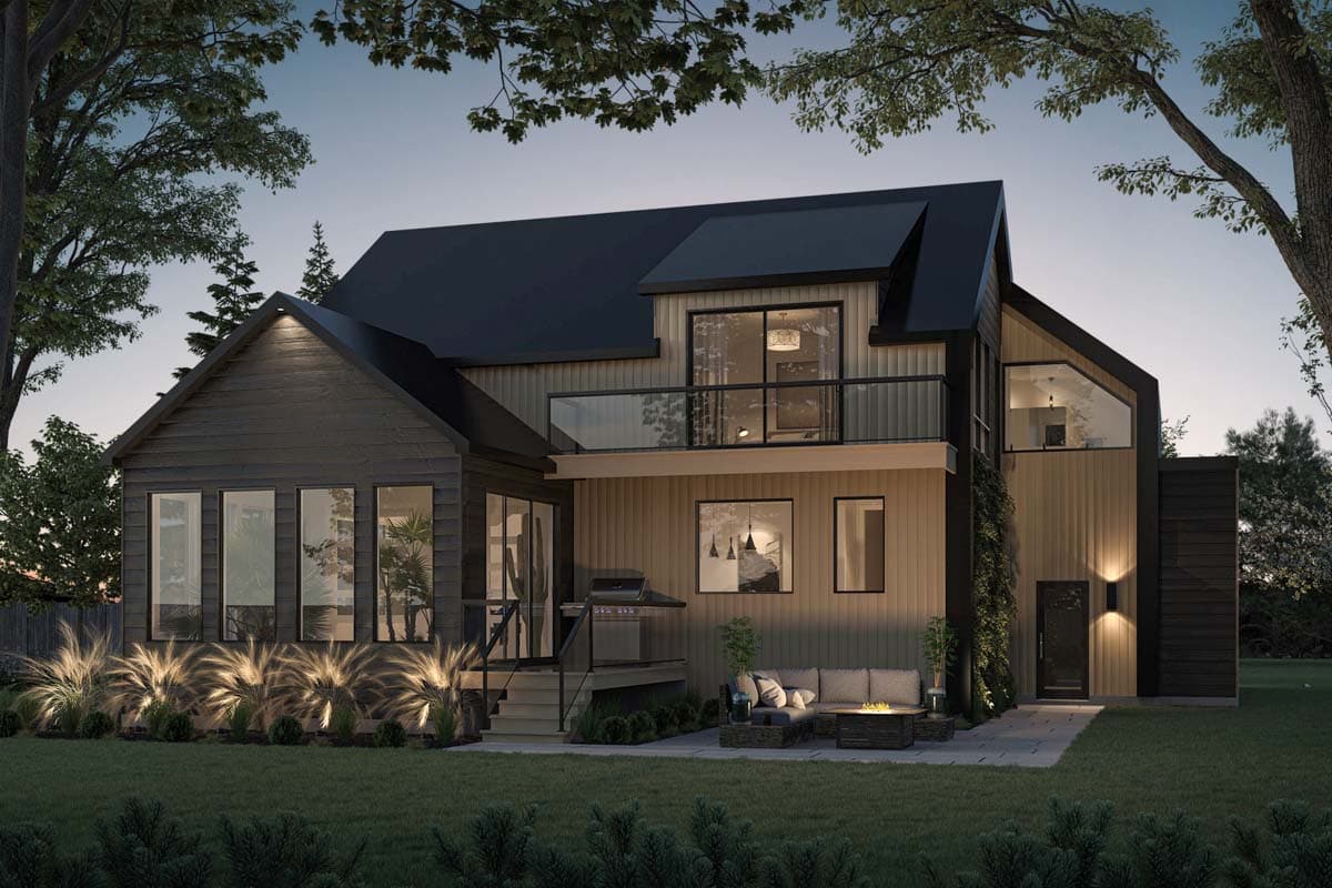 Modern two-story house plan exterior with mixed siding, gabled roof, upper balcony, and large windows.