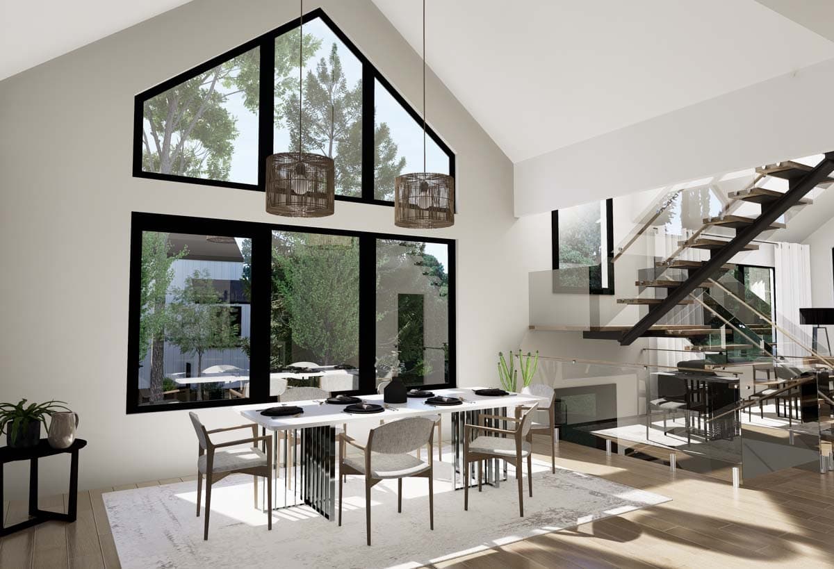 Modern interior rendering of a dining area with a large table and chairs, large windows, and a floating staircase.