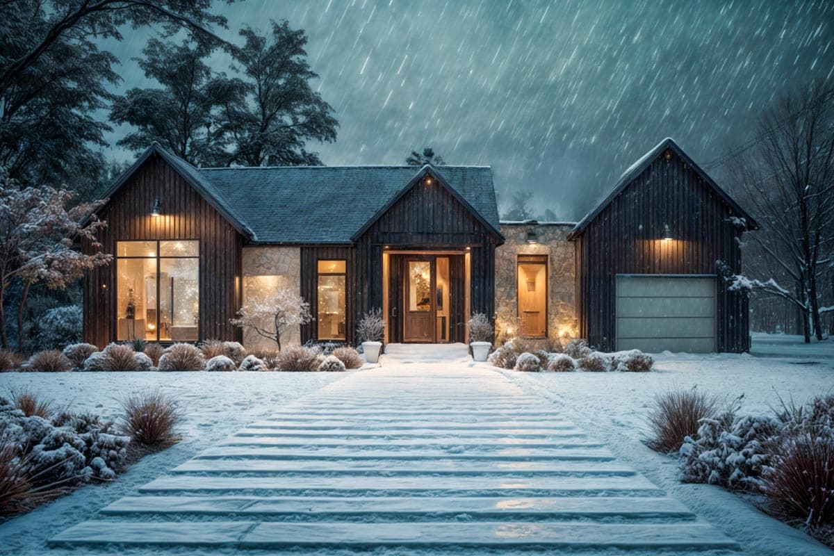 A snowy winter scene depicts a cozy home with lights on, a stone walkway, and falling rain. The dark wood house is surrounded by snow.