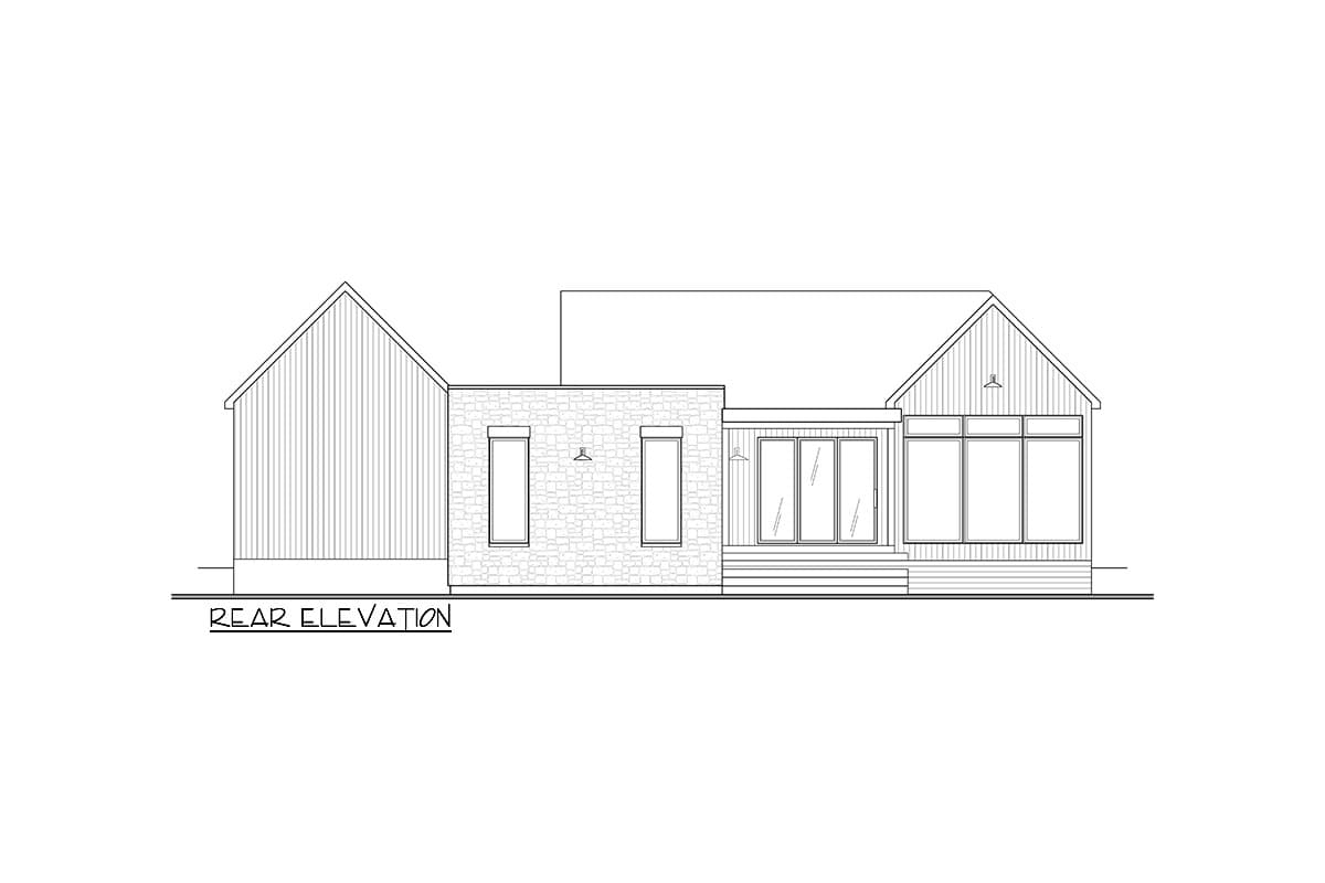 Line drawing of a house rear elevation. Features a stone facade, gabled roof, large windows, and a sliding glass door with a porch.