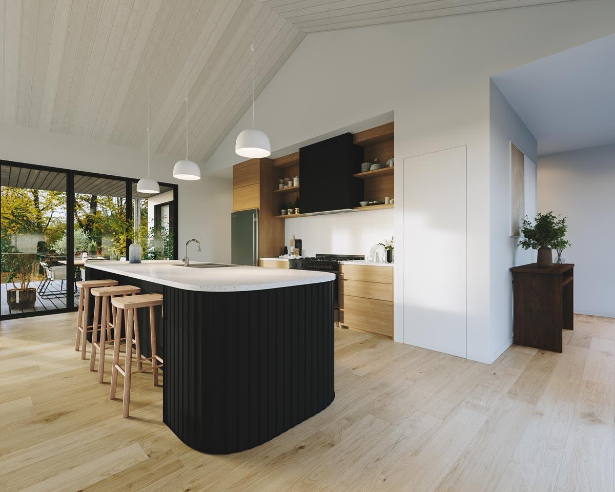 Modern kitchen with a black island and white countertop. Wooden stools line the island. A view of the outside is visible through large windows.