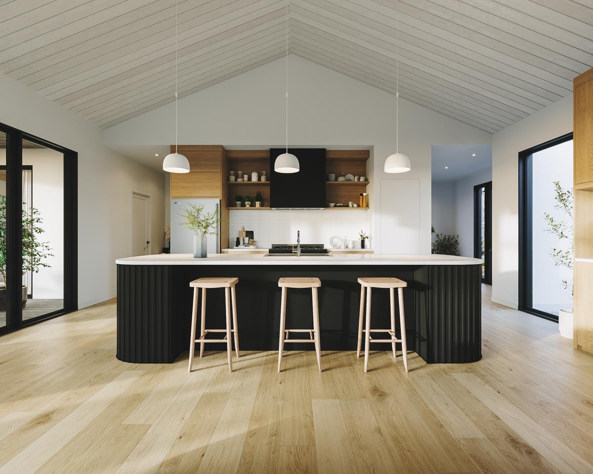 Modern kitchen with a black island and three wooden stools, contrasting with light-colored flooring, cabinets, and a vaulted ceiling.