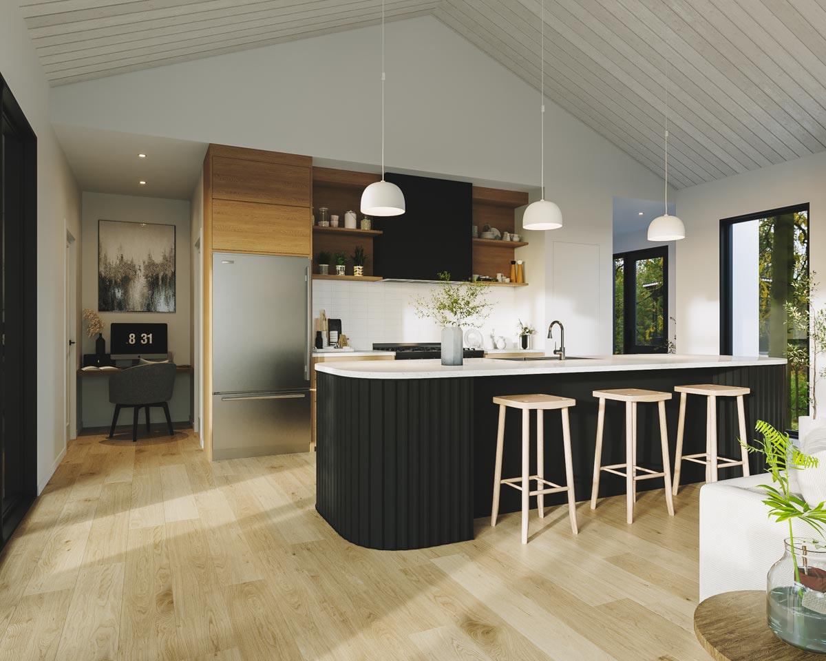 A modern kitchen with a black island, light wood floors, and three bar stools. A small desk with a monitor is visible in the background.