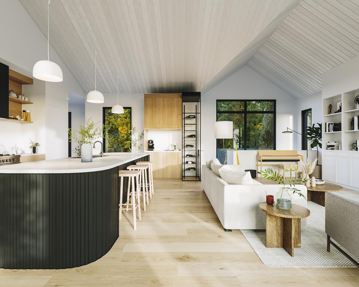 Modern, open-concept kitchen and living area with wood floors, island with bar stools, and a piano near large windows overlooking a lush landscape.