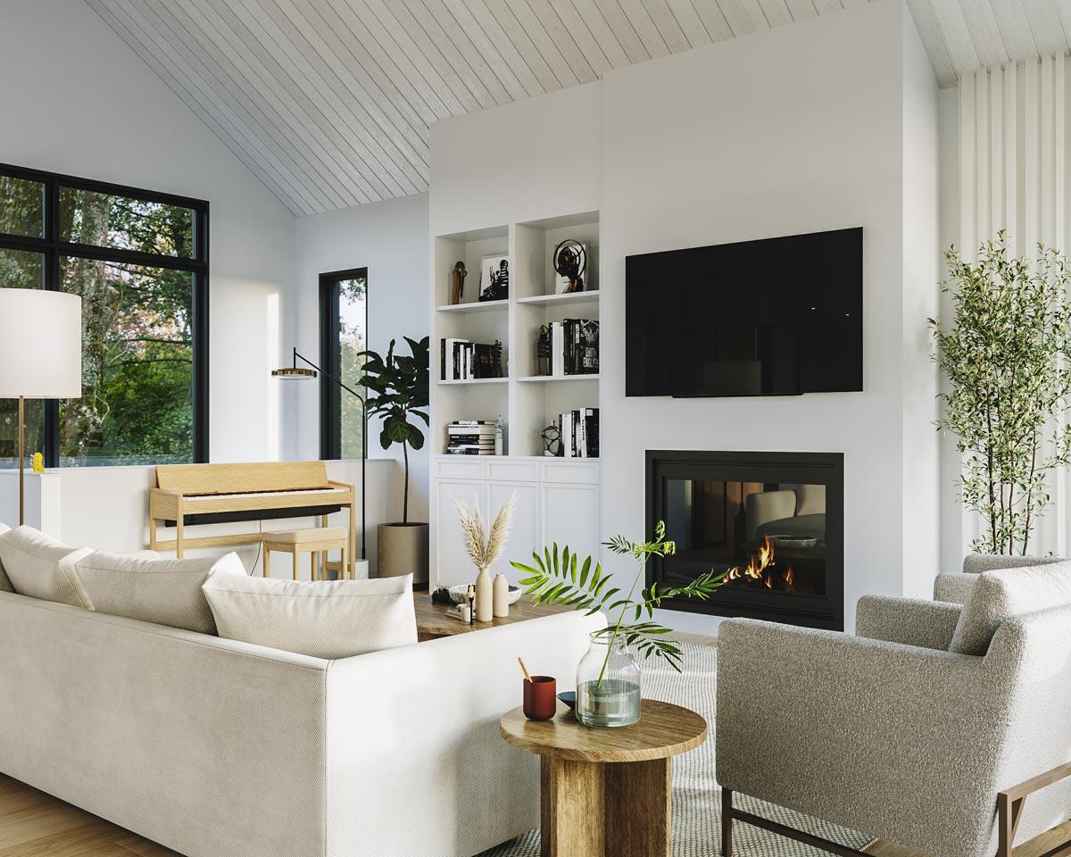 Modern living room with a fireplace, large windows overlooking a green landscape, and a piano. Light-colored sofa and chairs complete the space.