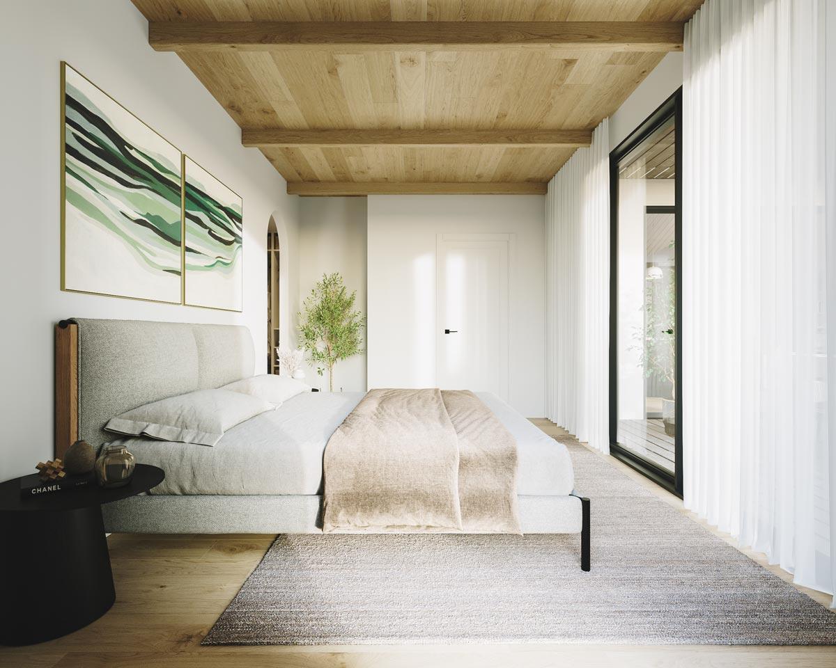 A modern bedroom features a light gray bed with a beige blanket, a wooden ceiling, and floor-to-ceiling glass doors with white curtains.