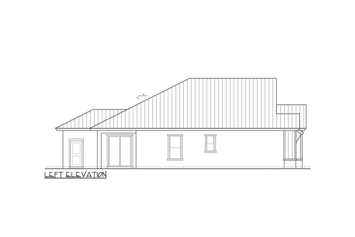 Left elevation drawing of a house plan featuring a metal roof, door, sliding glass door, and two windows.