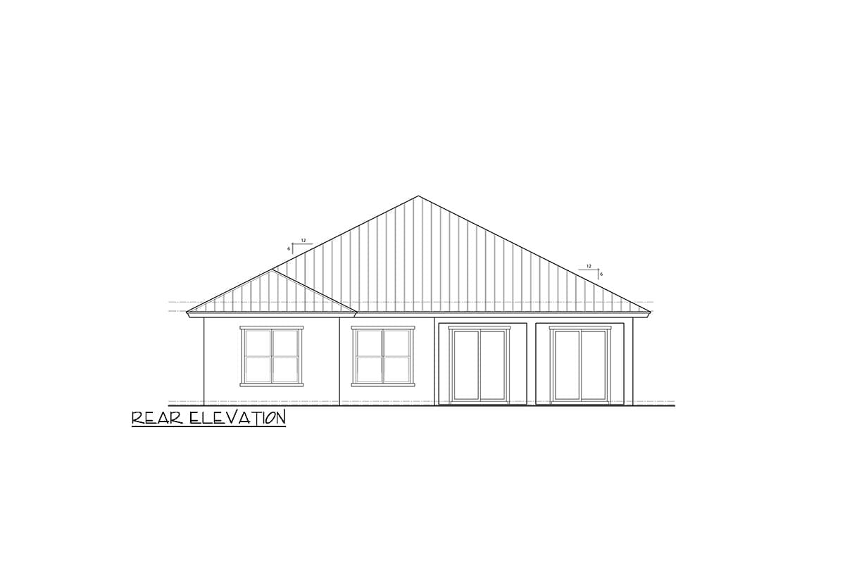 Rear elevation drawing of a house with two windows and three sliding glass doors, featuring a gable roof.