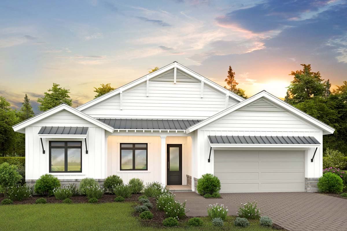 House plan exterior. Modern Farmhouse style with a single story, gabled roof, and attached garage. Includes window awnings.