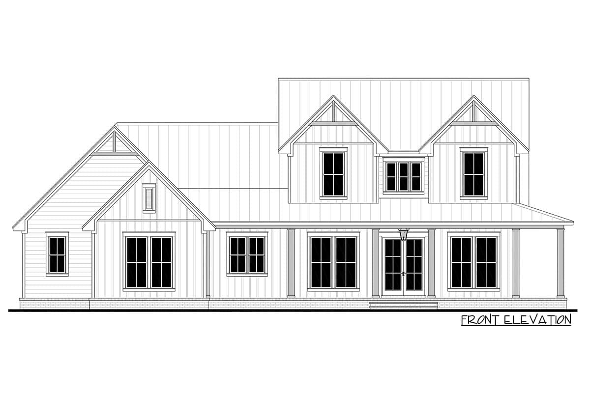 Front elevation house plan featuring a wraparound porch, multiple gables, and large pane windows.