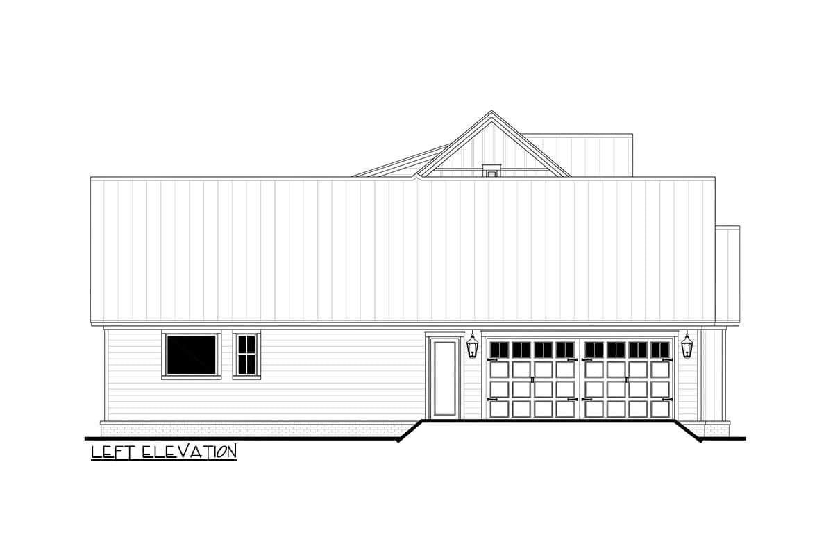 Left elevation house plan showing a front-facing garage door, a pedestrian door, and two windows.