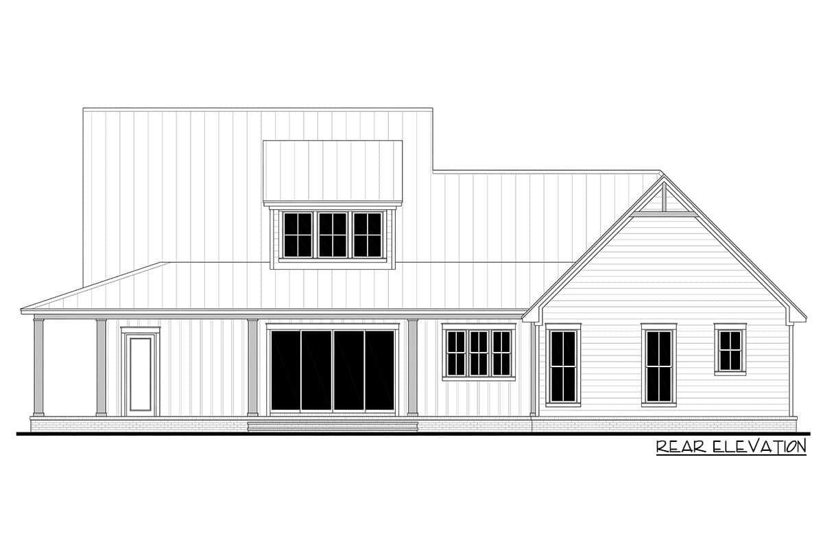 Rear elevation house plan showing a two-story section with dormer, large sliding glass doors, and gabled end with siding.