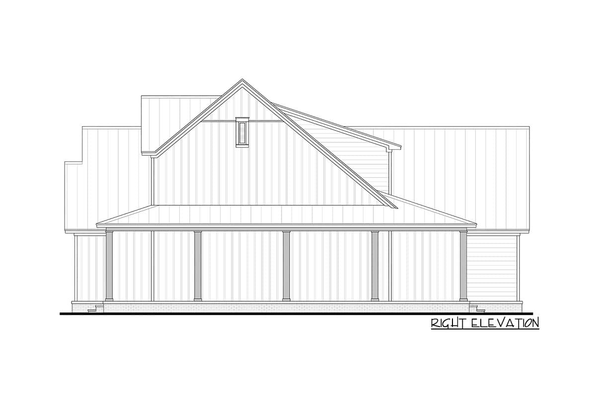 Right elevation house plan with wrap-around porch, multiple gables, and vertical siding.