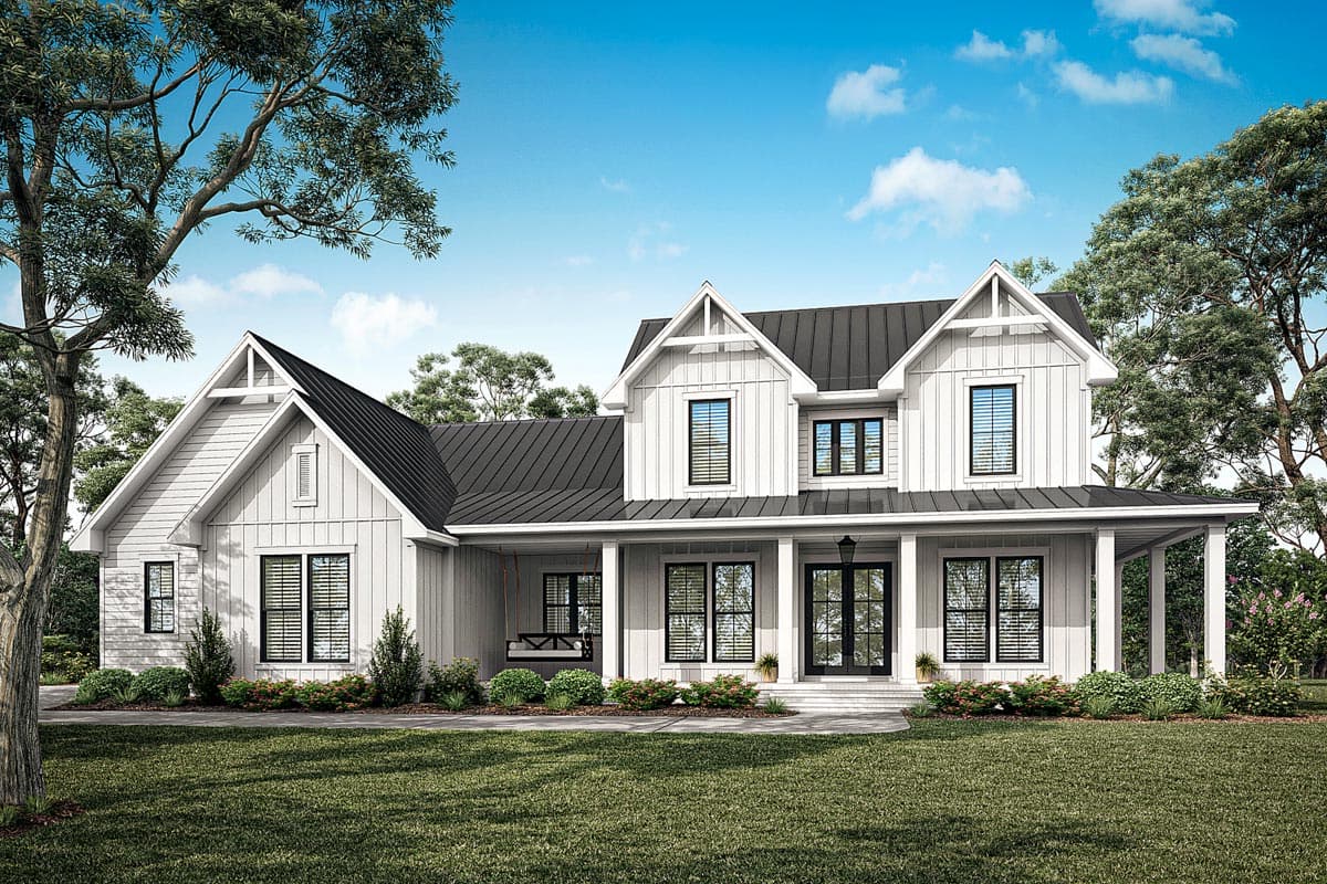 Modern Farmhouse house plan exterior with a wraparound porch, prominent gables, board-and-batten siding, and a metal roof.