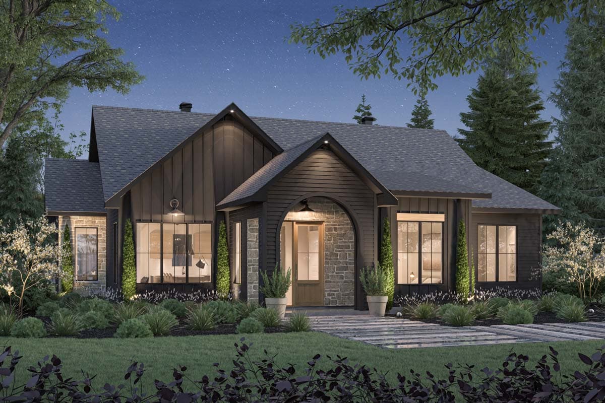 House plan exterior. Modern Farmhouse style with dark siding, stone entry arch, multiple gables, and large windows. Single story.