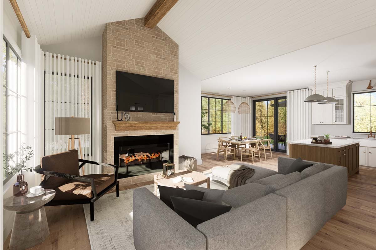 Plan 22679DR: Transitional House Plan with Cathedral Ceiling Living Room - 1612 Sq Ft - Image #4 - Cottage, New American, Ranch, Transitional