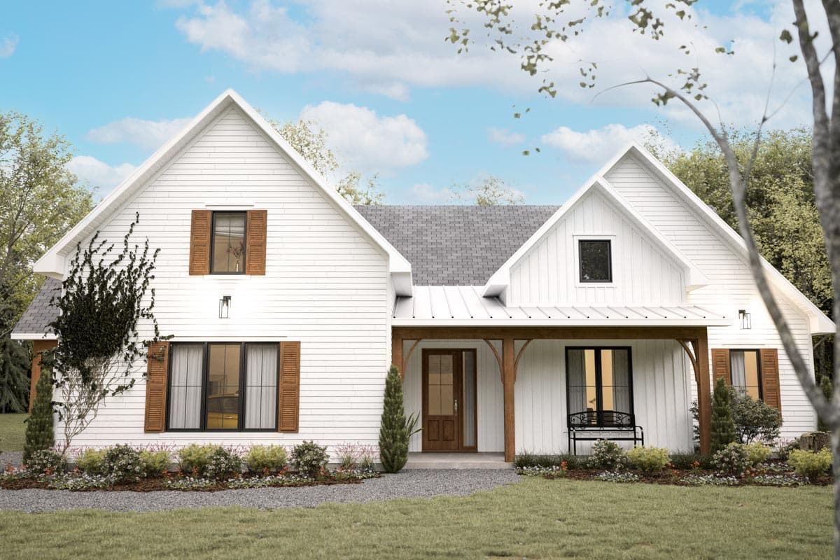 House plan exterior: Modern farmhouse style, two stories, with gables, board and batten siding, and a covered entry with timber supports.