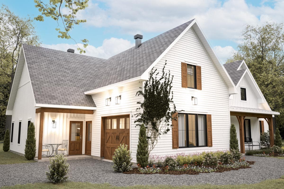 Modern Farmhouse house plan exterior with gabled roof, front porch, and attached two-car garage.