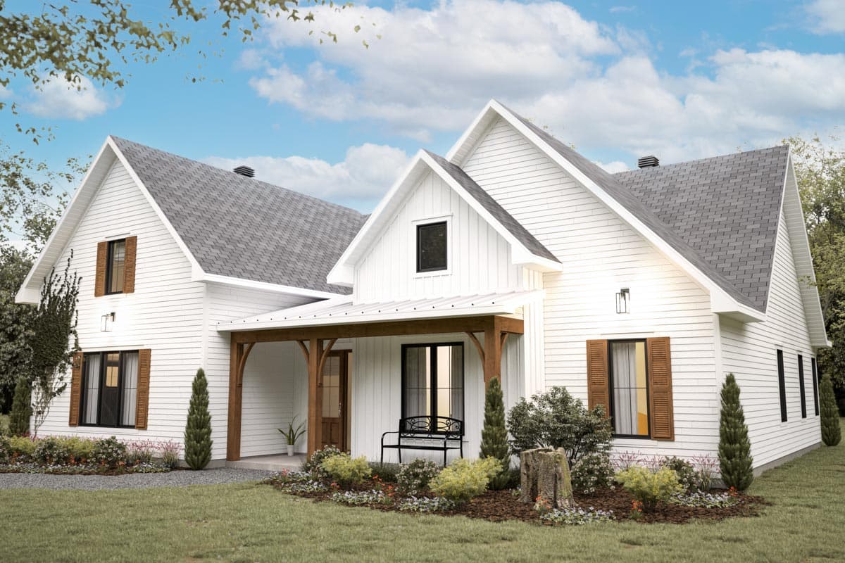 House plan exterior. Two-story Modern Farmhouse with gabled rooflines, a covered porch with exposed beams, and dark shutters. Landscaped front yard.