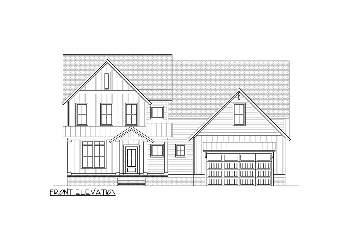 Front elevation house plan with gables, dormer, covered entry porch, and attached two-car garage.