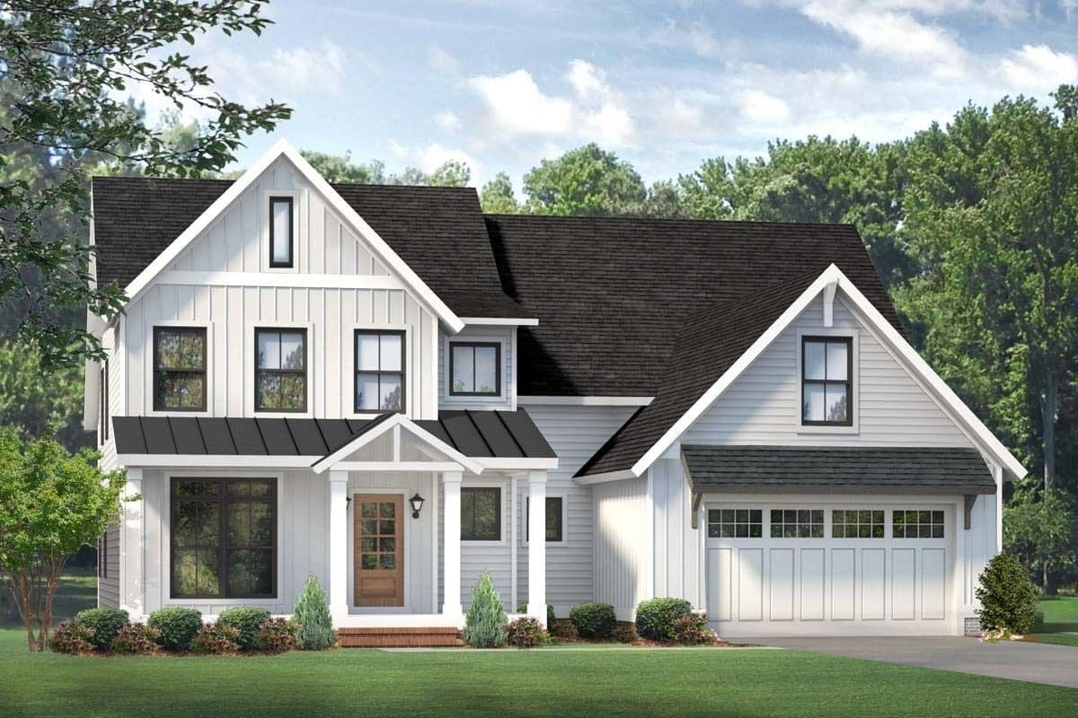House plan exterior. Two-story Modern Farmhouse with gabled roof, covered porch, and attached garage. Board and batten siding.