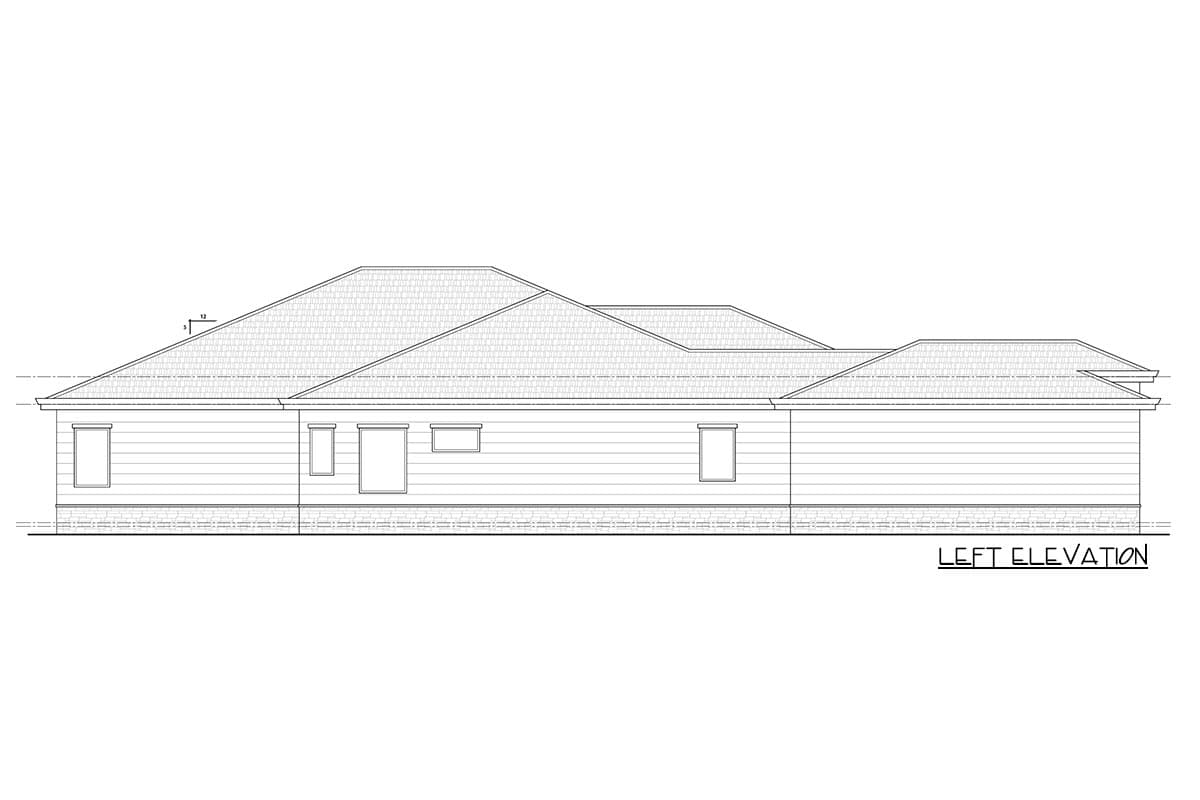 Left elevation house plan drawing showing a single-story structure with varied rooflines and horizontal siding.