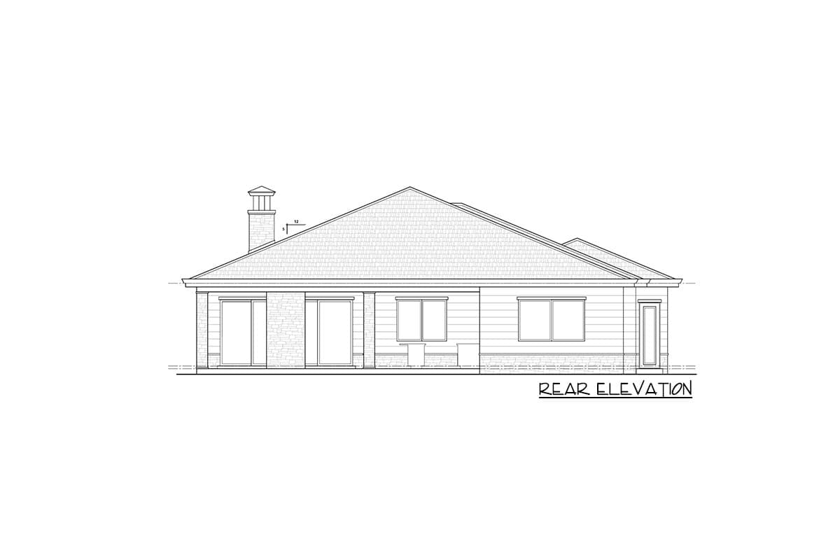 Rear elevation of a house plan featuring a prominent shingled roof, brick chimney, and multiple windows.
