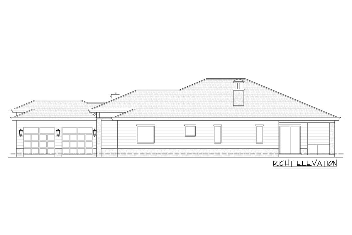 Right elevation drawing of a single-story house plan with a three-car garage, pitched roof, and multiple windows.