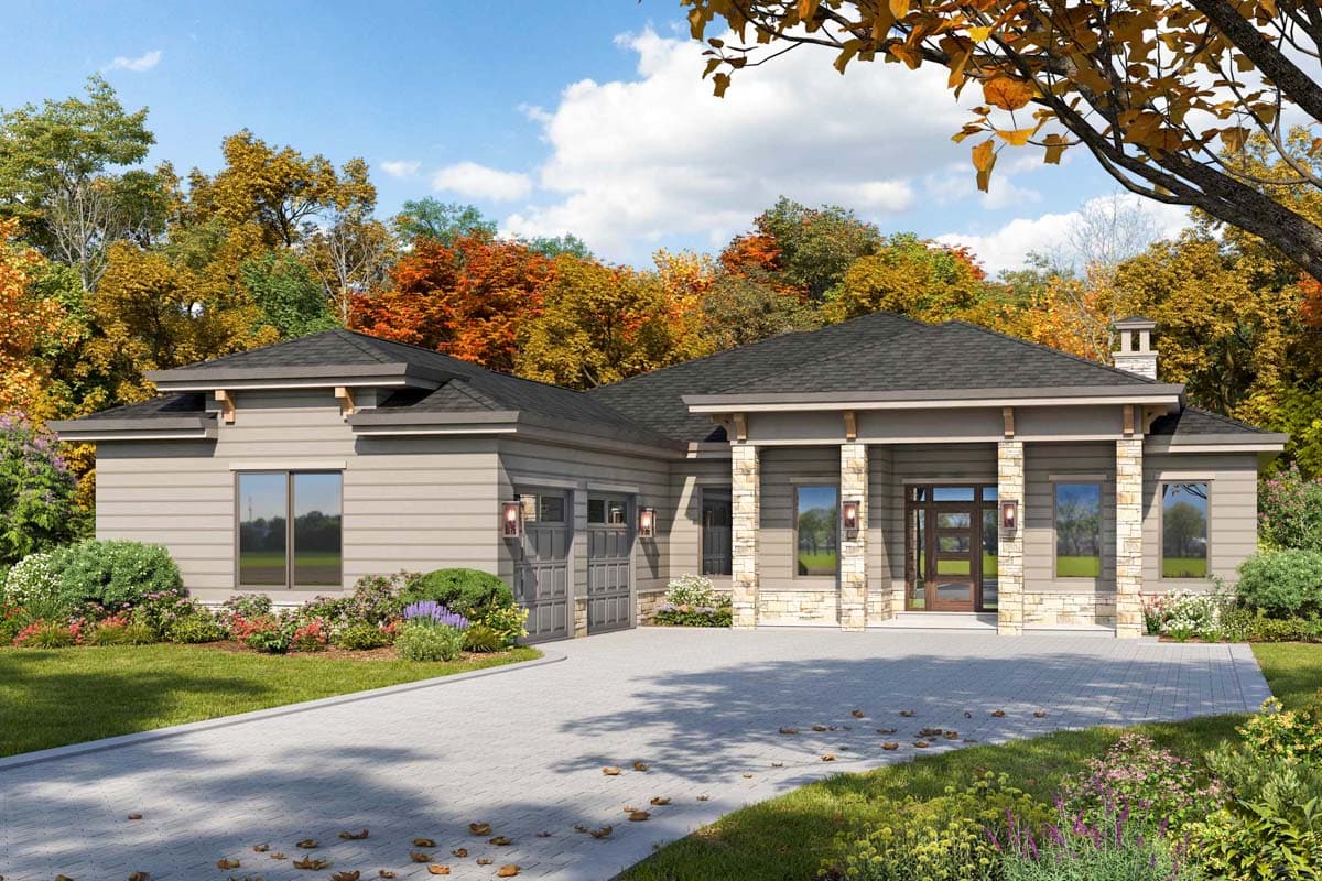 House plan exterior. Modern, one-story home with a flat roofline. Features include a covered entry with columns, stone accents, and a two-car garage.