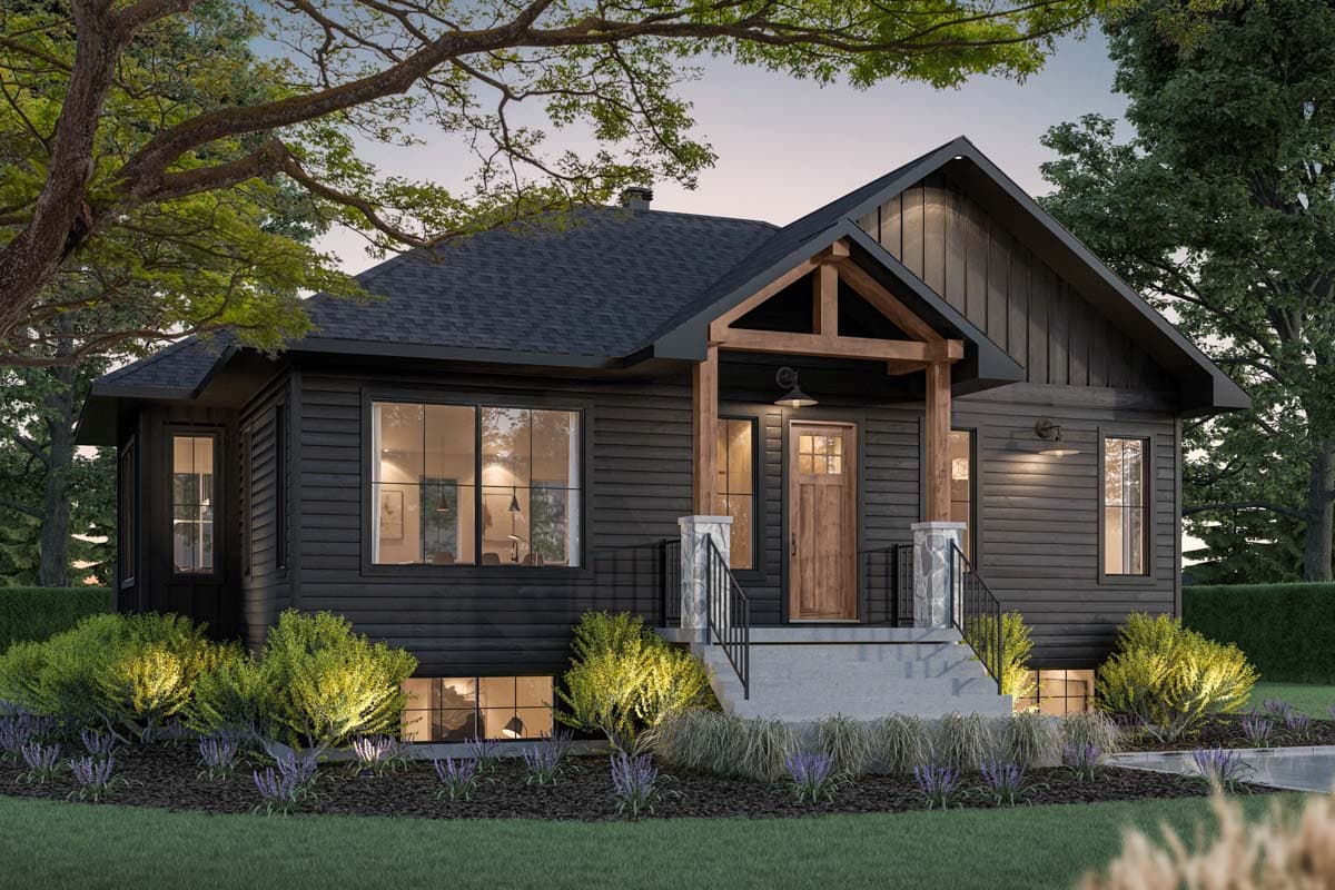 House plan exterior with Craftsman style, one story, and a front porch with a gable roofline and exposed timber detailing.