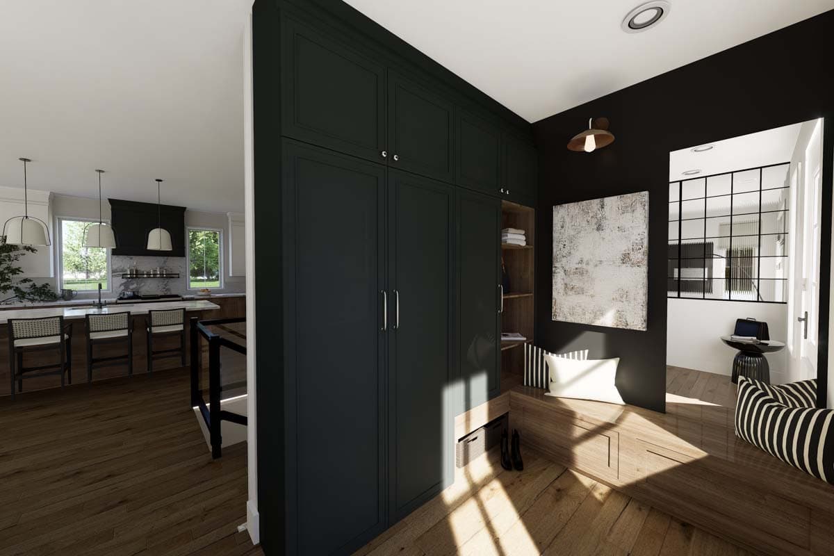 Interior rendering showing a kitchen with island and a mudroom area with built-in storage and bench seating.
